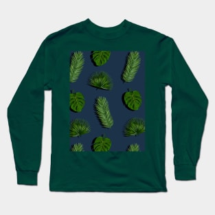 Tropical Leaves on Blue Long Sleeve T-Shirt